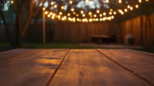 Wooden table surface with blurred string light in backyard at dusk creating warm cozy outdoor atmosphere combined with rustic natural texture wood grain festive evening relaxation ambiance