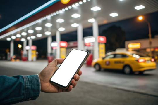 Person holding smartphone at a brightly lit gas station at night