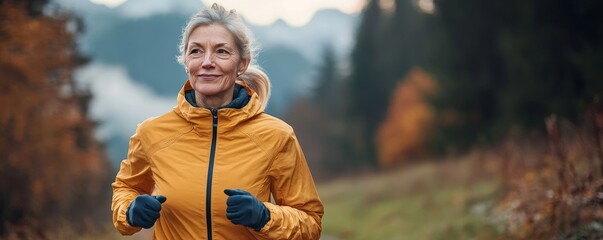 Senior woman jogging through nature early in the morning, with fog and mountains in the background, reflecting an active lifestyle for older adults, and the rejuvenating effects, Generative AI
