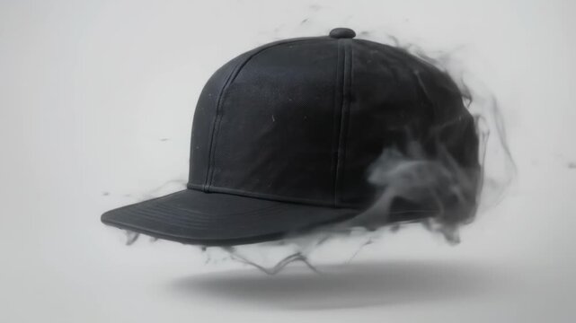 Floating baseball cap against smoke background
