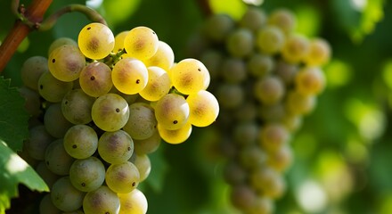 A ripe grape cluster captured in detail, showcasing its translucent green and golden hues on the vine.

