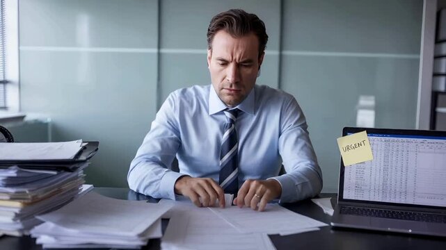 Stressed Businessman Working Overtime with Urgent Deadline