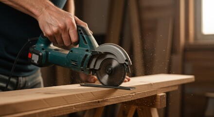 Close-up of Craftsman Operating Power Saw on Wooden Board