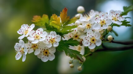 A close-up captures a delicate cluster of small, white blossoms adorned with crimson speckles, nestled amongst vibrant green foliage on a slender branch against a softly blurred natural backdrop
