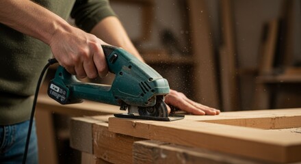 Close-up of Craftsman Operating Power Saw on Wooden Board