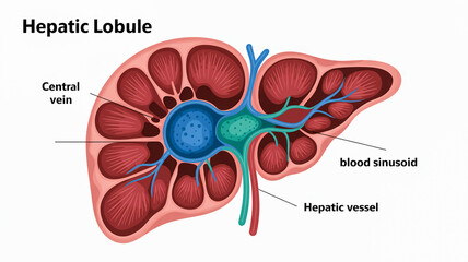 Diagram of a hepatic lobule showing central vein and blood sinusoids liver anatomy medical illustration