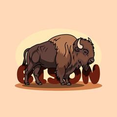 National Bison Day to celebrate on November 1st. Illustration of a muscular bison with bold text behind it on a beige background. Animal event banner.