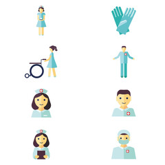 Flat-style medical staff and equipment icons featuring doctors, nurses, patients, gloves, and wheelchairs. Ideal for healthcare apps, infographics, and hospital presentations.