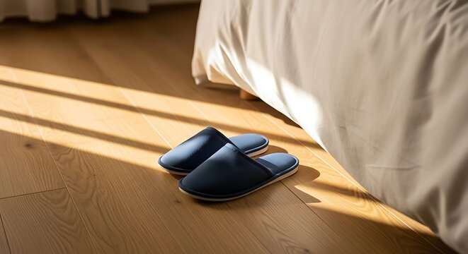Comfortable blue slippers on a sunlit wooden floor next to a bed, representing a cozy morning routine.