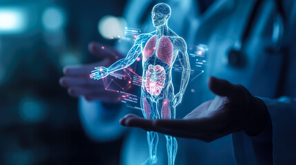 A doctor carefully examines a virtual x-ray projection with focused attention. The integration of advanced technology in medical diagnostics. Generative AI.