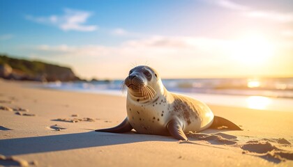 A young seal pup rests on a sandy beach at sunset, gazing towards the ocean