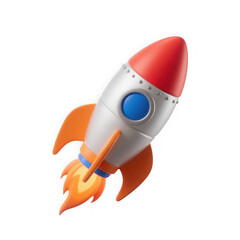 3d illustration of a stylized 3d illustration of a silver and orange rocket ship with a red nose cone, blasting off with flames from its engines, isolated on a transparent background