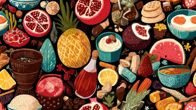 Colorful flat-lay of assorted foods fruits, sweets, savory items, & vibrant textures