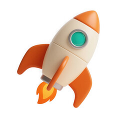 3d illustration of a cartoonstyle rocket ship with orange fins and accents, launching with a fiery exhaust, isolated on a transparent background