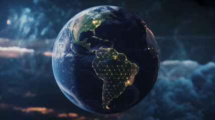 Earth from Space with Hexagonal Grid Network Connection