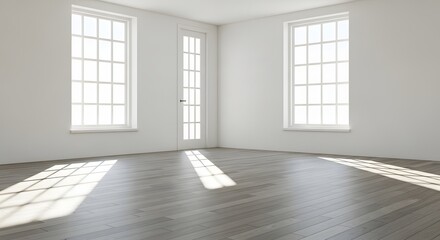 Obraz premium Contemporary loft interior with wooden floor, a large window, and empty walls