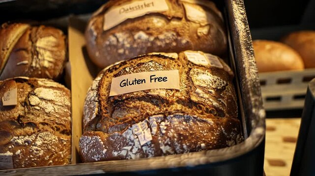 A label Gluten-free lying on bread in a bakery on a baking sheet