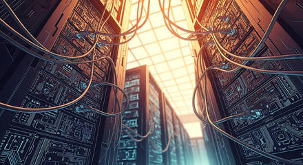 Futuristic data center corridor with server racks and glowing network cables, representing advanced technology in 2025.