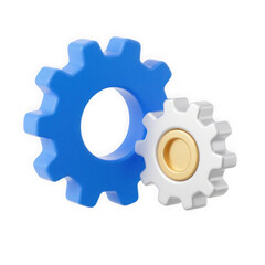 3d illustration of two interlocking gears, one large blue and one smaller white with gold center, isolated on a transparent background, symbolizing teamwork and industry
