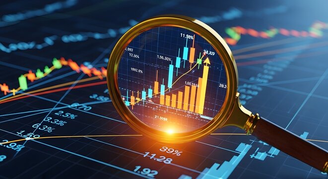 Magnifying glass on a digital business graph and financial data analysis