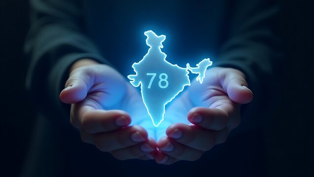 Glowing outline of india with numbers inside held in hands isolated on white background