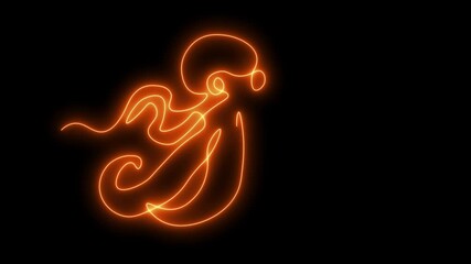 abstract octopus, Self drawing animation one continuous line draw, logo. Blazing  flame, energy, fire on black background. neon orange luminous sign - Powered by Adobe