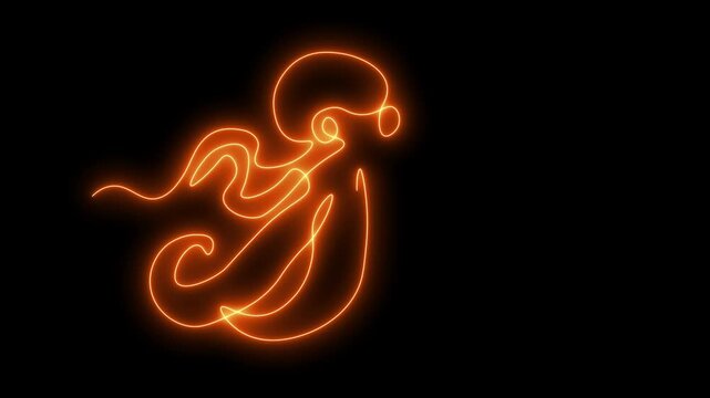 abstract octopus, Self drawing animation one continuous line draw, logo. Blazing  flame, energy, fire on black background. neon orange luminous sign