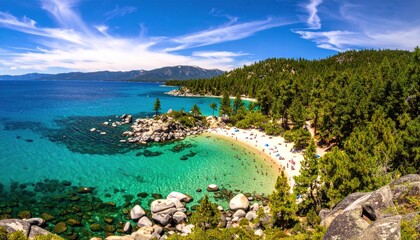 Scenic overlook of a picturesque beach nestled along a forested coastline