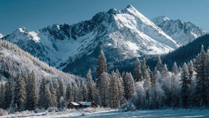Snowy mountain range with a cabin nestled in a frosty forest