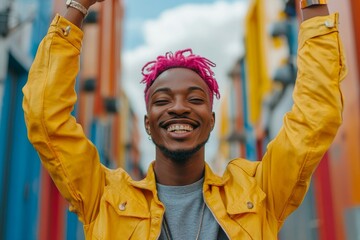 Young black African American gay man with pink hair celebrating pride festival, proudly  his identity in a colorful environment, Generative AI