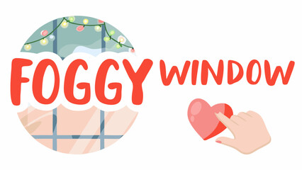 Illustration of a foggy window with christmas lights and a hand drawing a heart on the glass surface