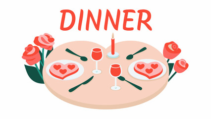 Illustration of a valentine's dinner table setting with heart shaped cakes and roses for a romantic meal