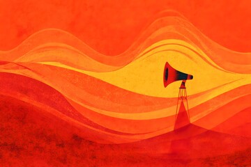 Vibrant orange and red background with sound waves, featuring an illustration of a megaphone in the center
