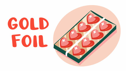 Illustration of a box of heart shaped chocolates with gold foil text on a white background