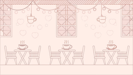 Illustration of a cafe interior with tables chairs and coffee cups in a cozy setting with windows