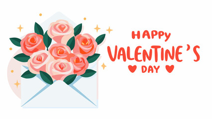 An envelope filled with pink roses and green leaves with happy valentine's day message on white