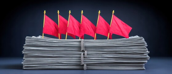 Stack of newspapers with red flags