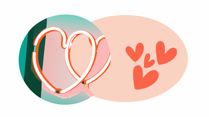 Illustration featuring neon heart shapes and a cluster of smaller hearts on a pastel background