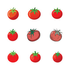 Various Illustrations of Tomatoes in Cartoon Style on a White Background