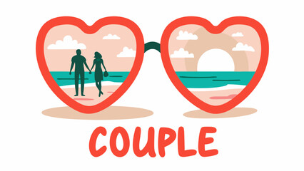 Couple walking on a beach seen through heart shaped sunglasses with sun and clouds reflecting in lenses