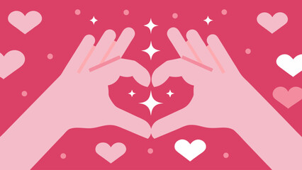 Hands forming a heart shape surrounded by hearts and sparkles on a pink background design vector