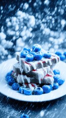 Stacked blueberry cakes in snow