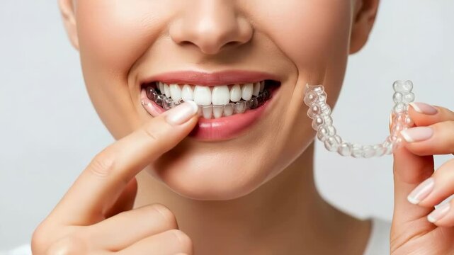 Woman demonstrates dental aligners in her mouth, A close-up of a woman holding transparent braces to straighten her teeth