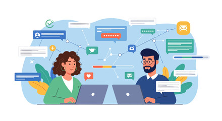 Conceptual illustration of digital teamwork and online communication, with professionals networking and sharing information.