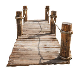 Fototapeta premium Rustic wooden walkway with rope railing.