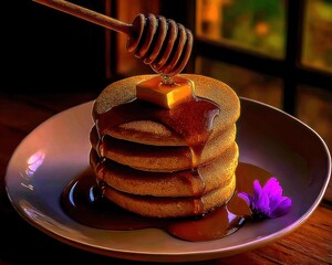 Stack of pancakes drizzled with honey