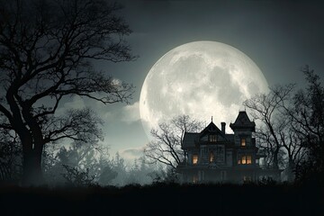 A creepy house with glowing windows stands against a giant moon silhouetted by bare trees