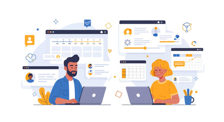 Business team collaboration and project management concept. Colleagues working on laptops with planning schedules and charts for workflow.