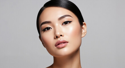 Elegant Asian model beauty portrait with perfect skin, sleek pulled-back hair, and classic cat eye makeup on a neutral gray studio background