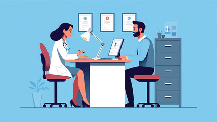 Doctor consulting with a patient in a medical clinic office. Vector illustration.